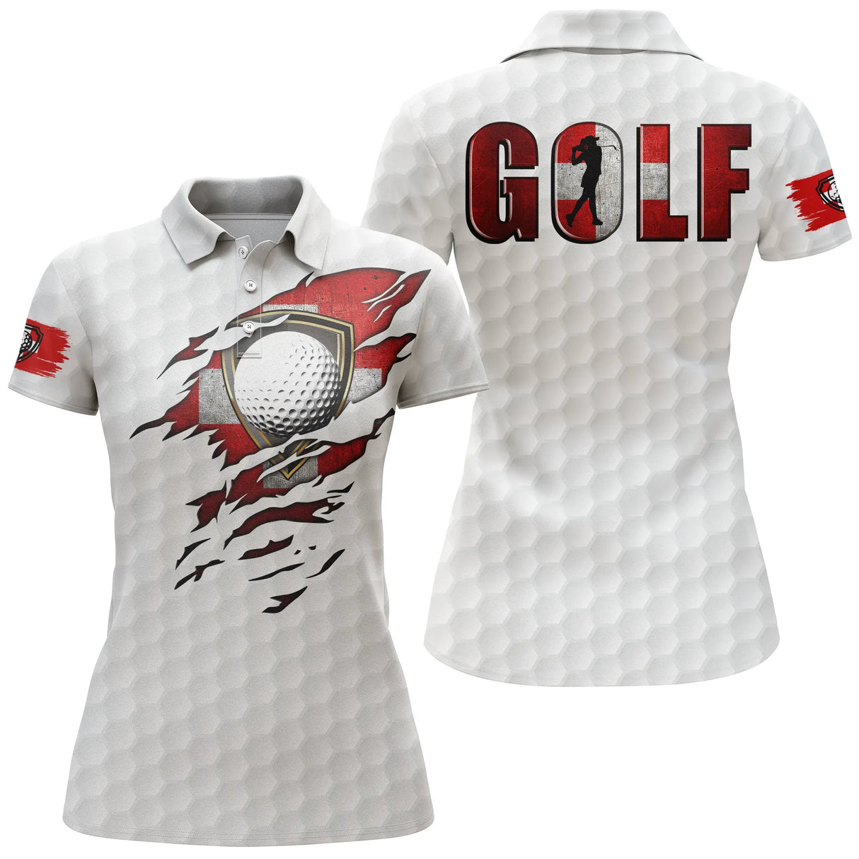 Polo golf blanc vue dos design GOLF rouge déchiré balle de golf drapeau suisse helvétique