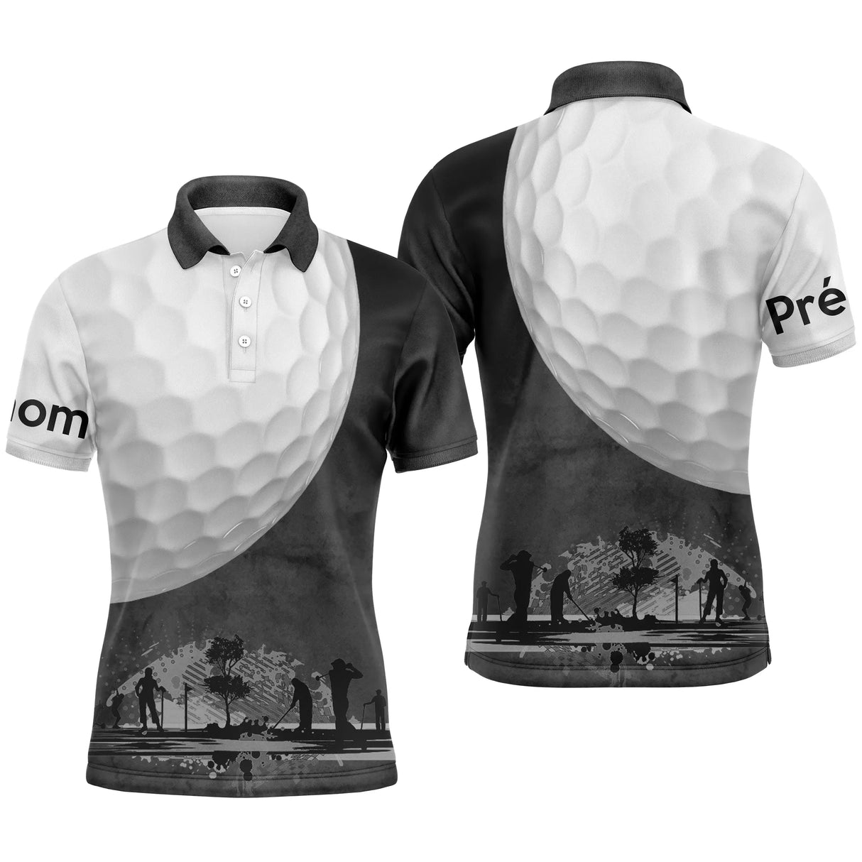 Polo golf personnalisé noir blanc avec balle de golf centrale et silhouettes golfeurs coucher de soleil, prénom sur manche