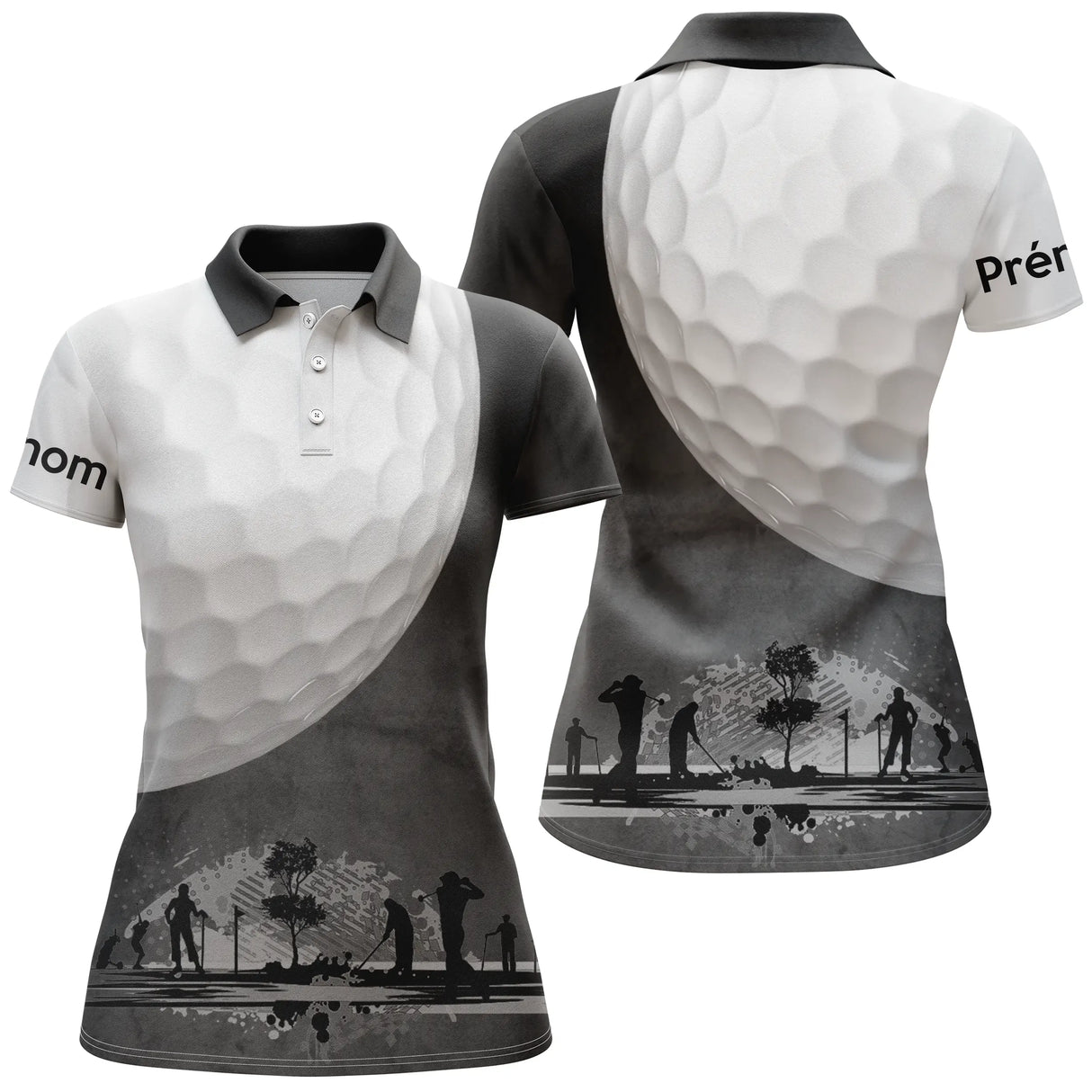 Polo golf homme femme manches courtes design coucher soleil noir blanc, marquage prénom personnalisable