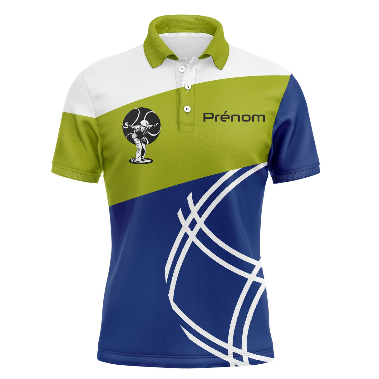 Polo pétanque personnalisé vert pomme bleu marine avec silhouette bouliste en lancer et prénom imprimé