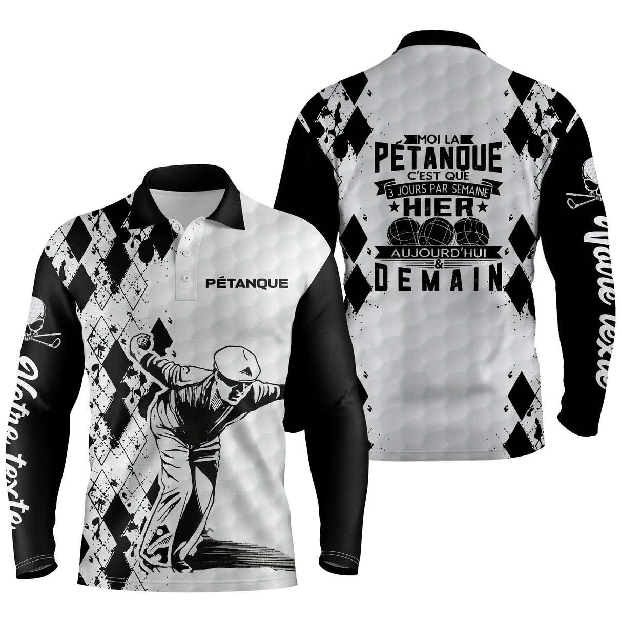 Polo pétanque manches longues unisexe noir blanc, marquage texte personnalisable pour bouliste