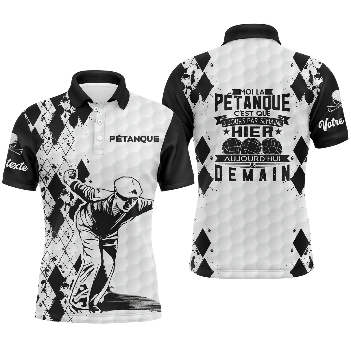 Polo pétanque noir blanc avec silhouette bouliste en tir et lettrage Hier Aujourd'hui Demain motif argyle