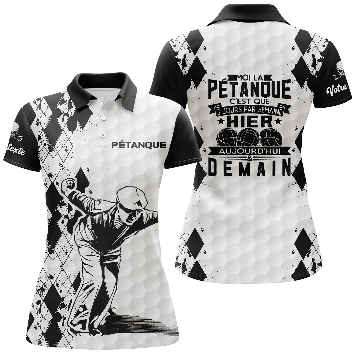 Polo pétanque homme femme manches courtes noir blanc, design bouliste argyle pour texte personnalisé