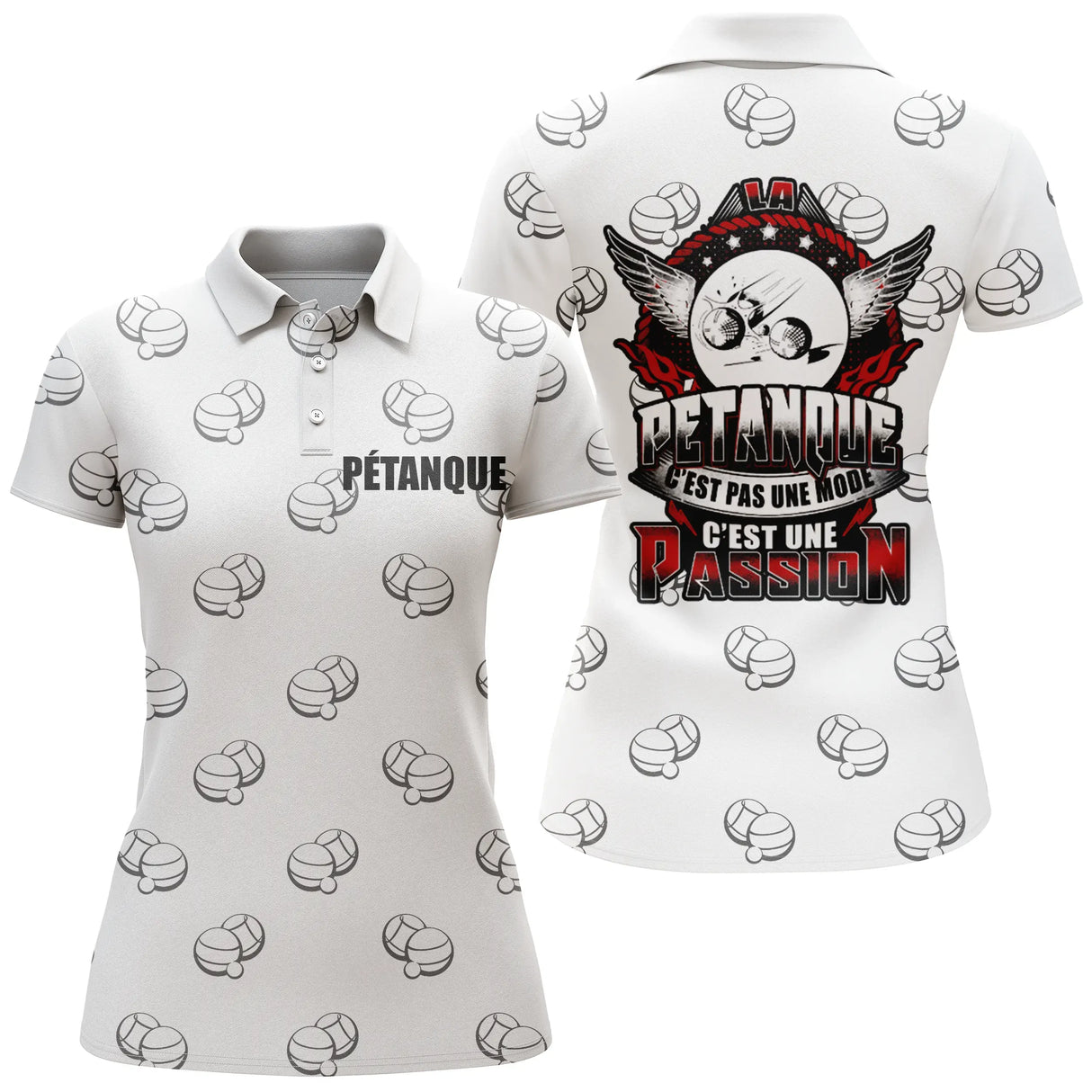 Polo pétanque homme femme manches courtes blanc humour, design boules pour bouliste passionné