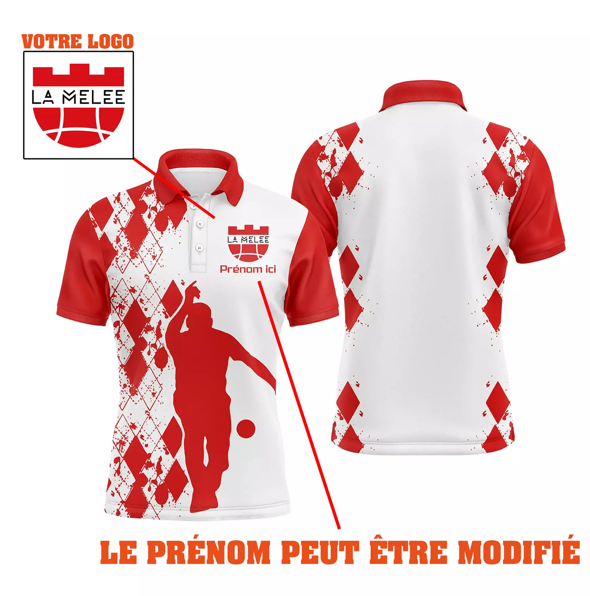 Polo pétanque variante coloris rouge blanc, silhouette joueur et logo bouliste personnalisé