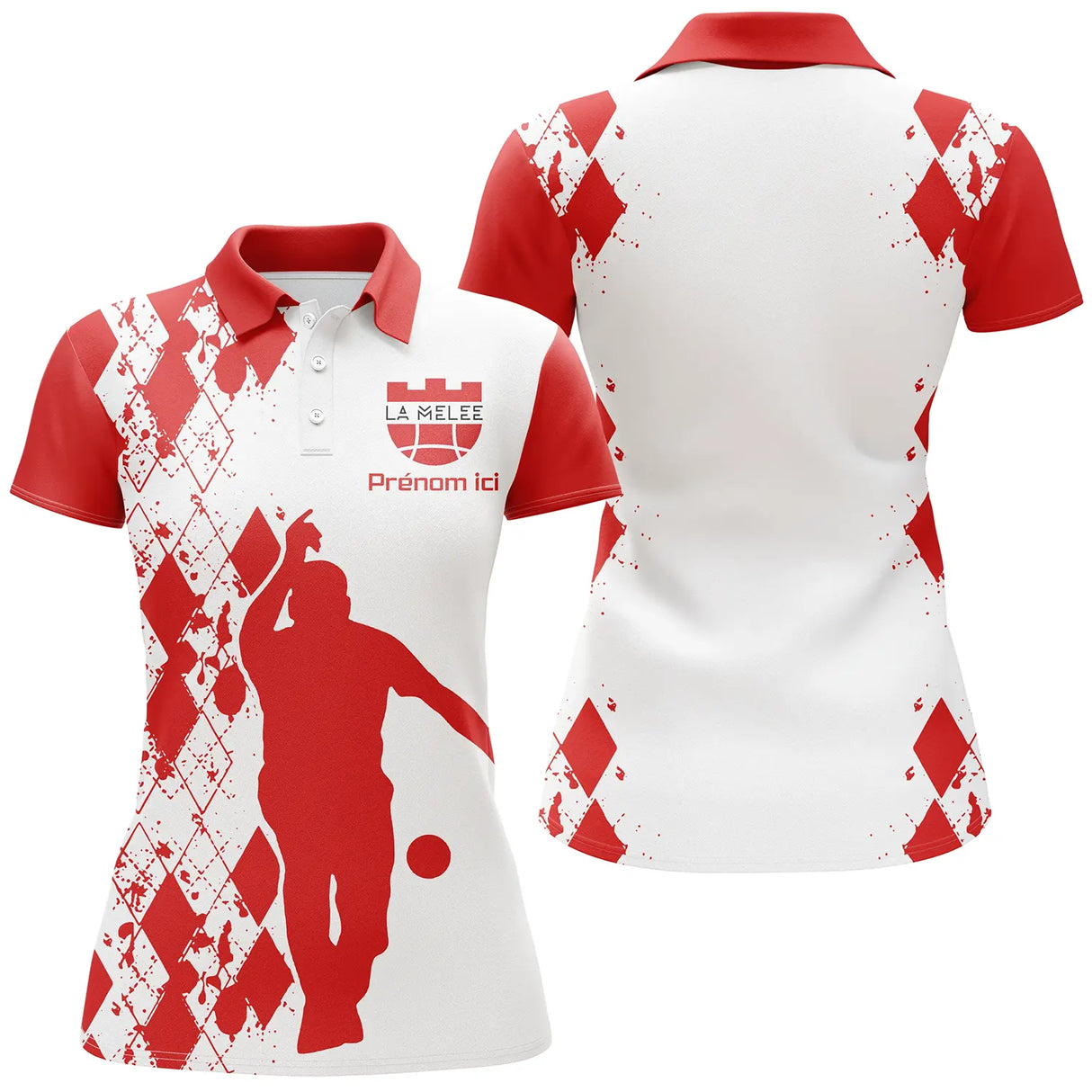 Polo pétanque rouge blanc bouliste vue alternative, motif grillage et silhouette joueur personnalisé