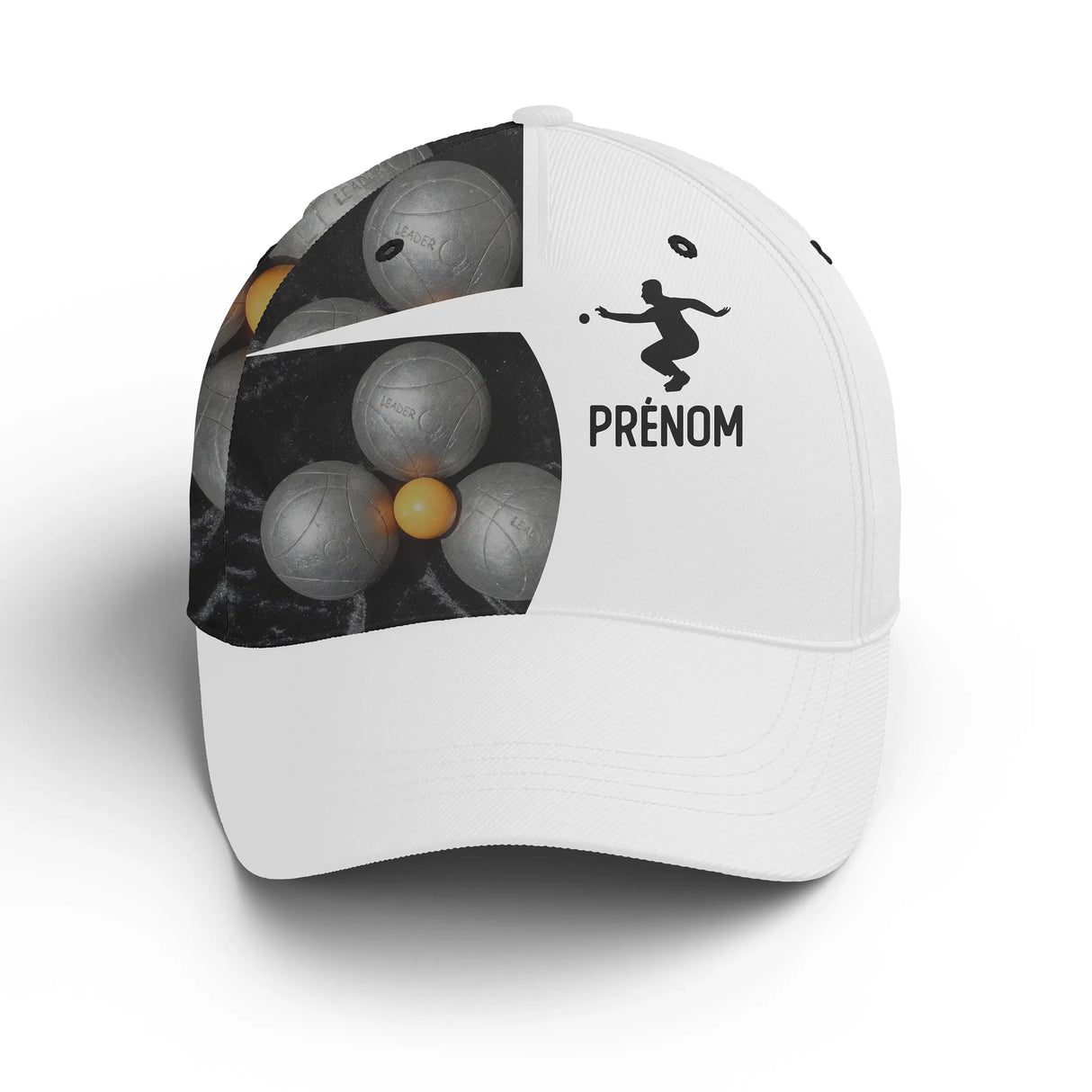 Casquette pétanque blanche silhouette bouliste femme lancer prénom devant broderie unisexe personnalisée