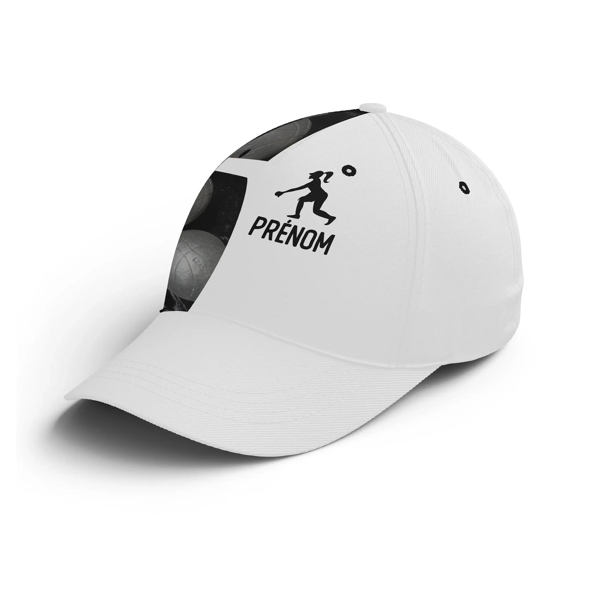 Casquette pétanque blanche silhouette bouliste homme dynamique prénom devant unisexe personnalisée