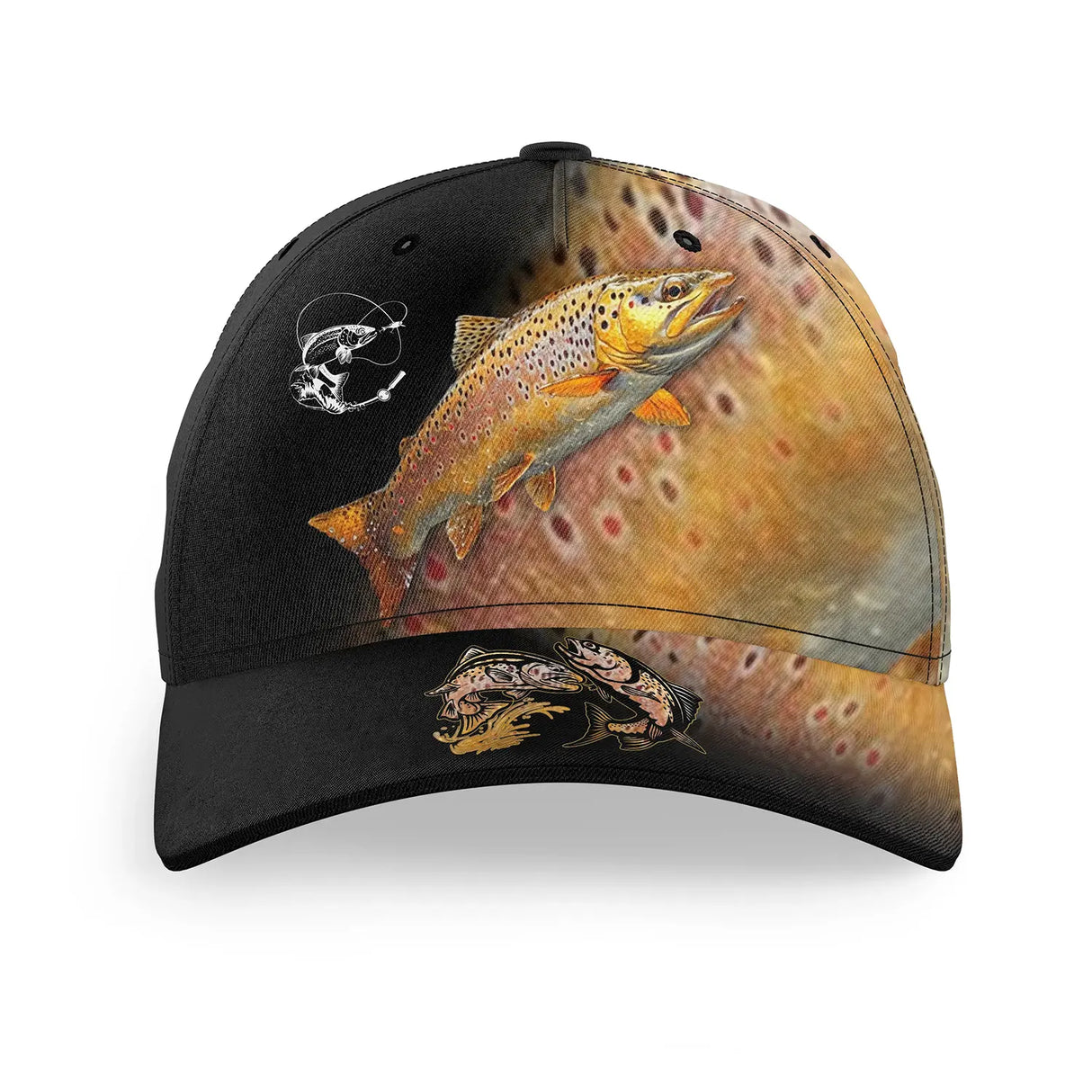 Casquette truite all-over peau réaliste brune ocre dorée traqueur salmonidés rivière unisexe