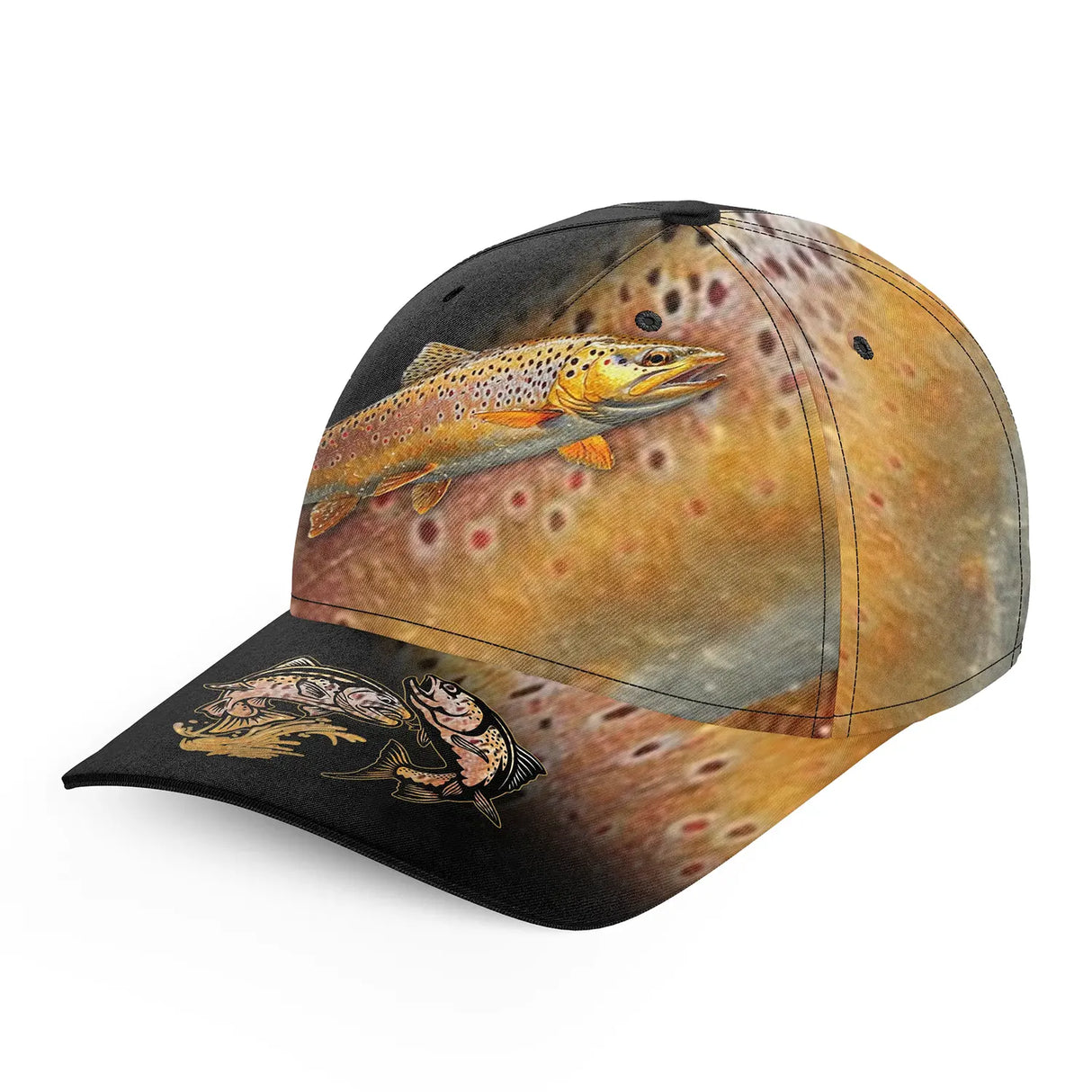 Casquette pêche truite all-over peau réaliste brune tachetée arc-en-ciel pêcheur eaux vives unisexe