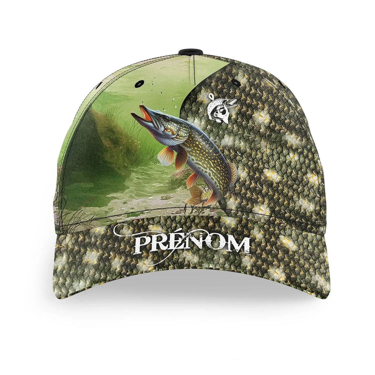 Casquette pêche brochet camouflage écailles brochet stylisé prénom broderie côté unisexe personnalisée