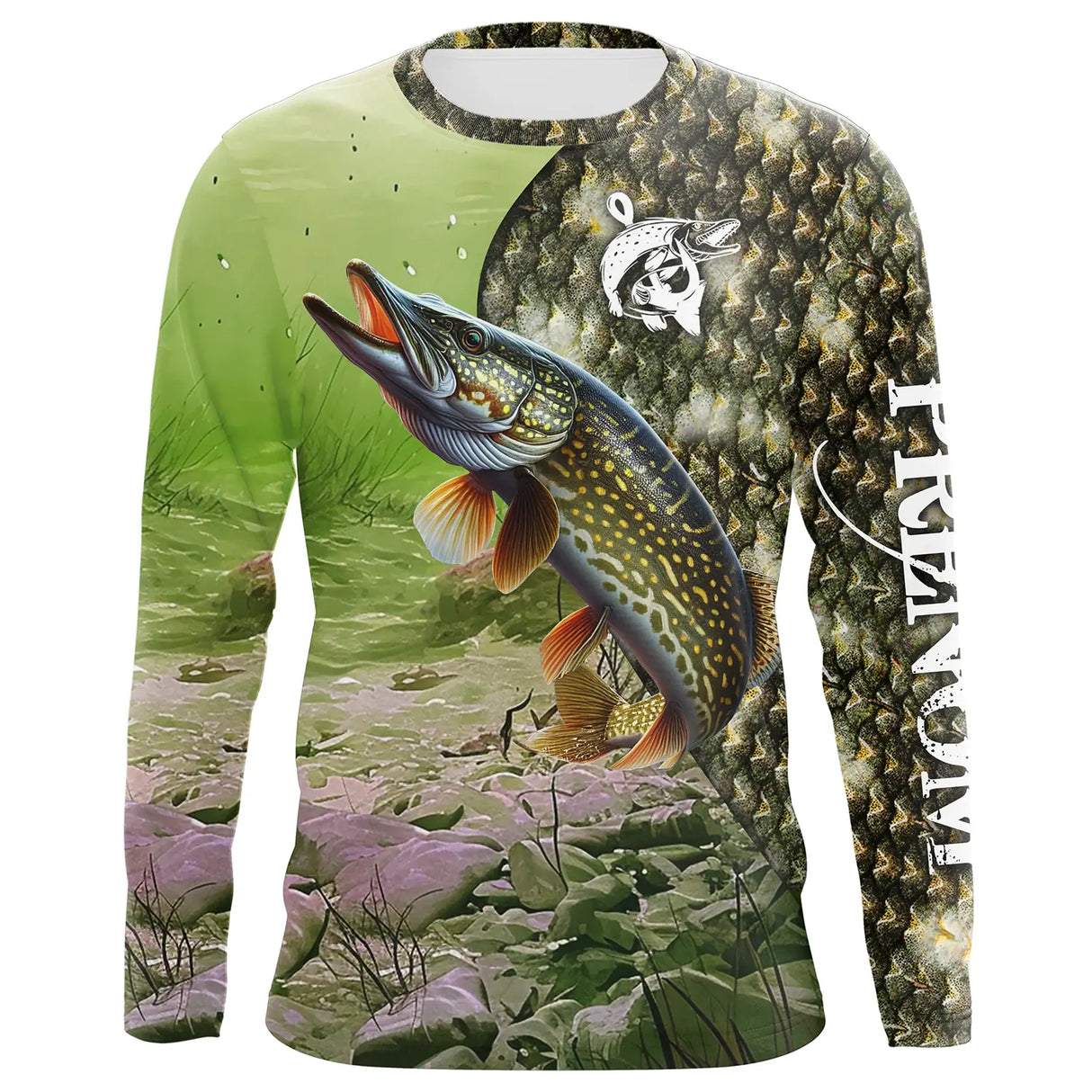T-shirt UV pêche brochet camouflage forêt prénom personnalisé manches courtes