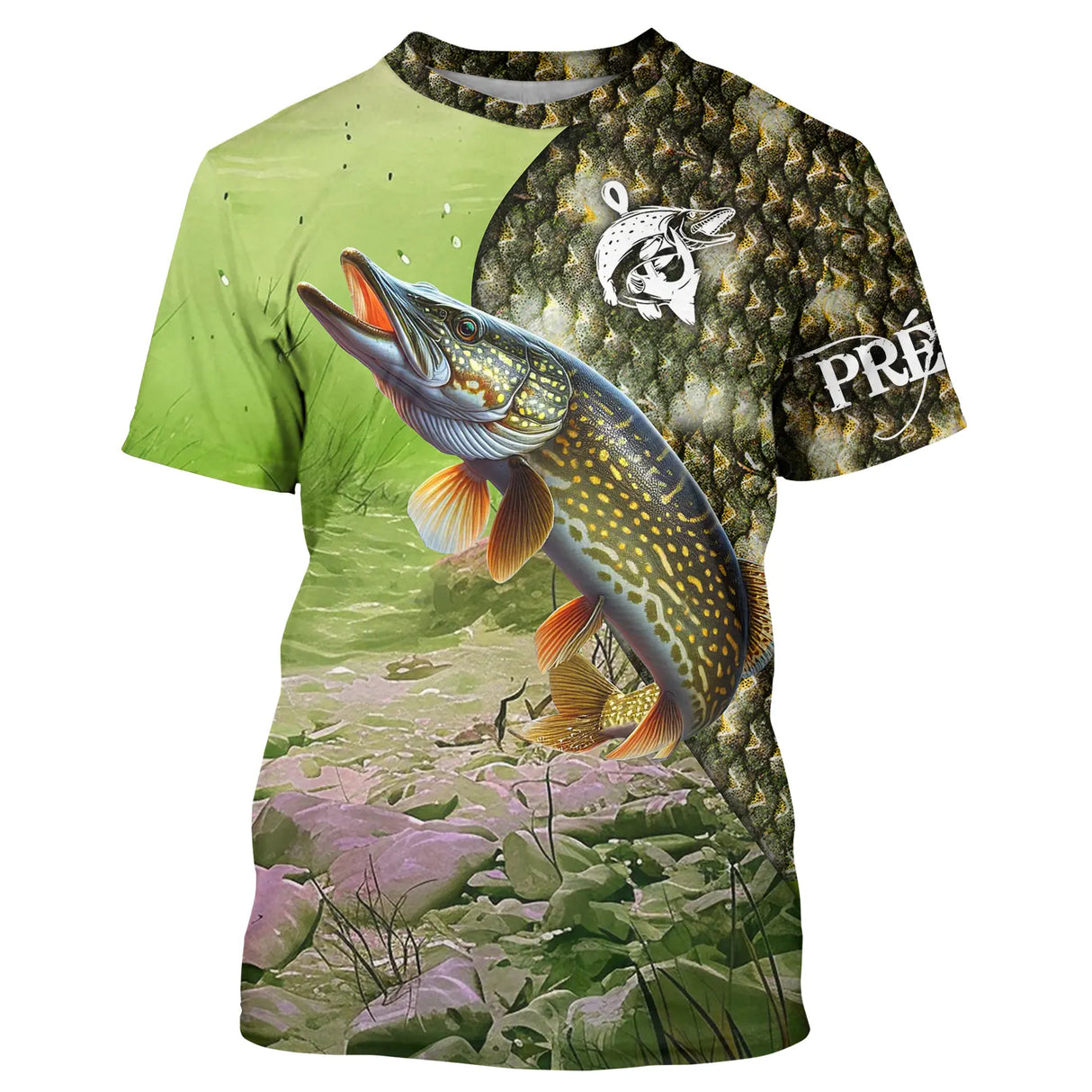 Sweat à capuche UV pêche brochet camouflage forêt prénom personnalisé technique