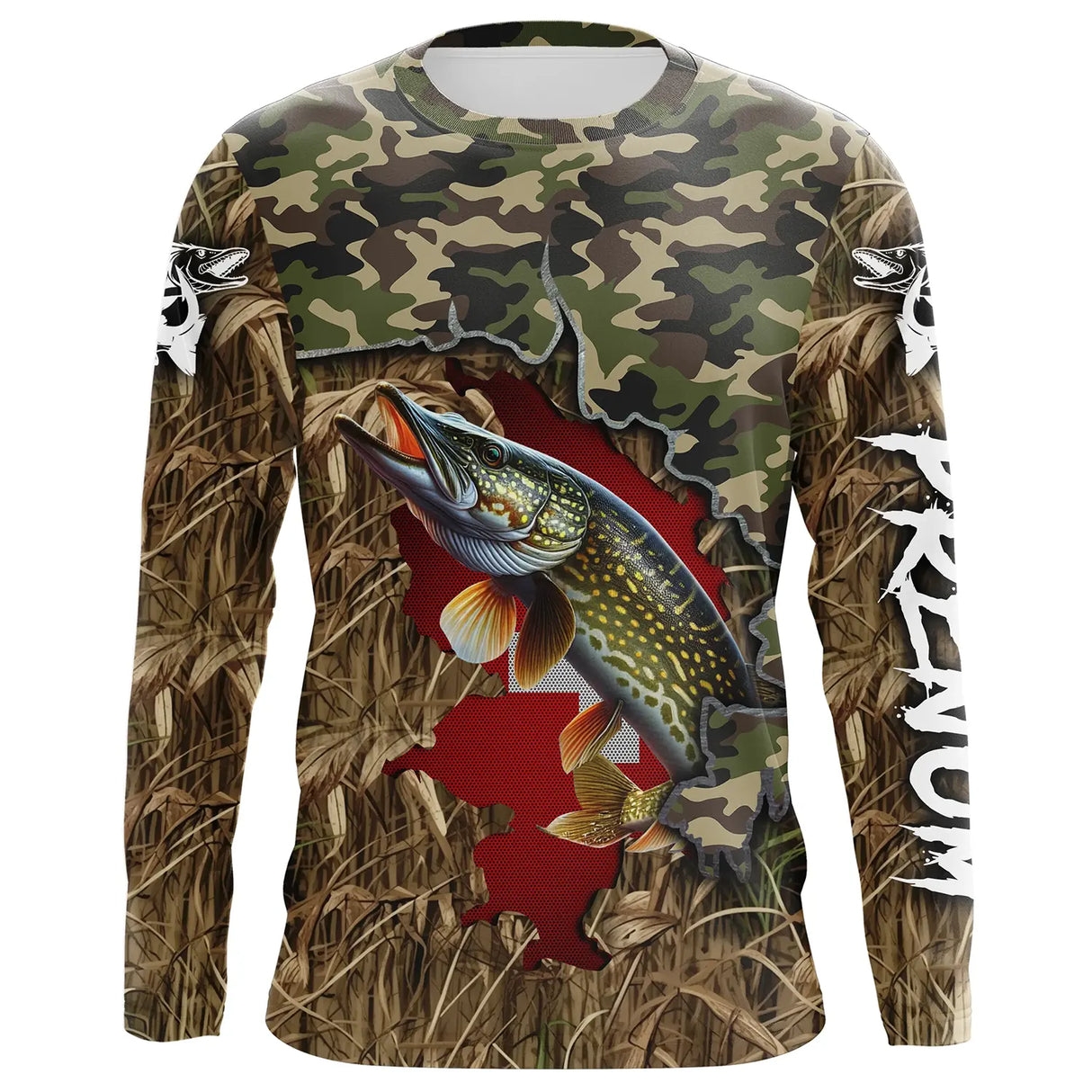 Manches longues anti-UV pêche carnassier camouflage drapeau suisse croix blanche brochet stylisé