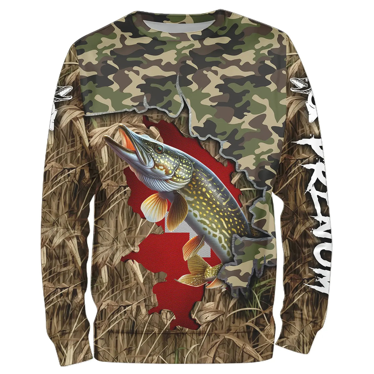 Sweat zippé all-over pêche brochet camouflage drapeau suisse pour pêcheurs helvétiques