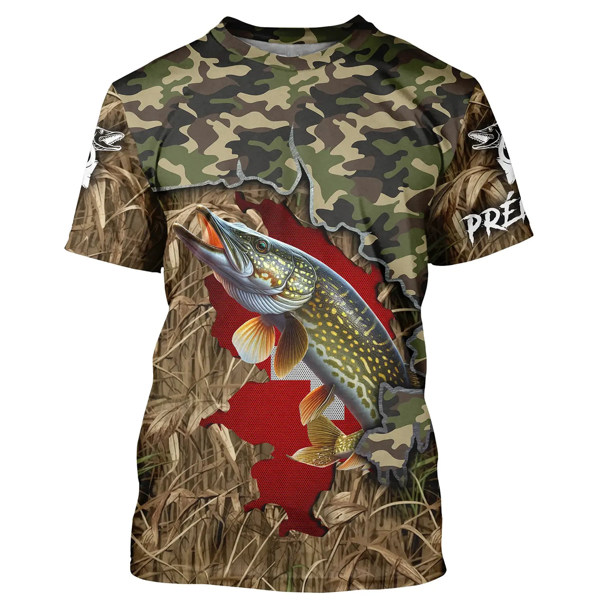 T-shirt all-over col rond pêche brochet camouflage forêt et drapeau suisse rouge