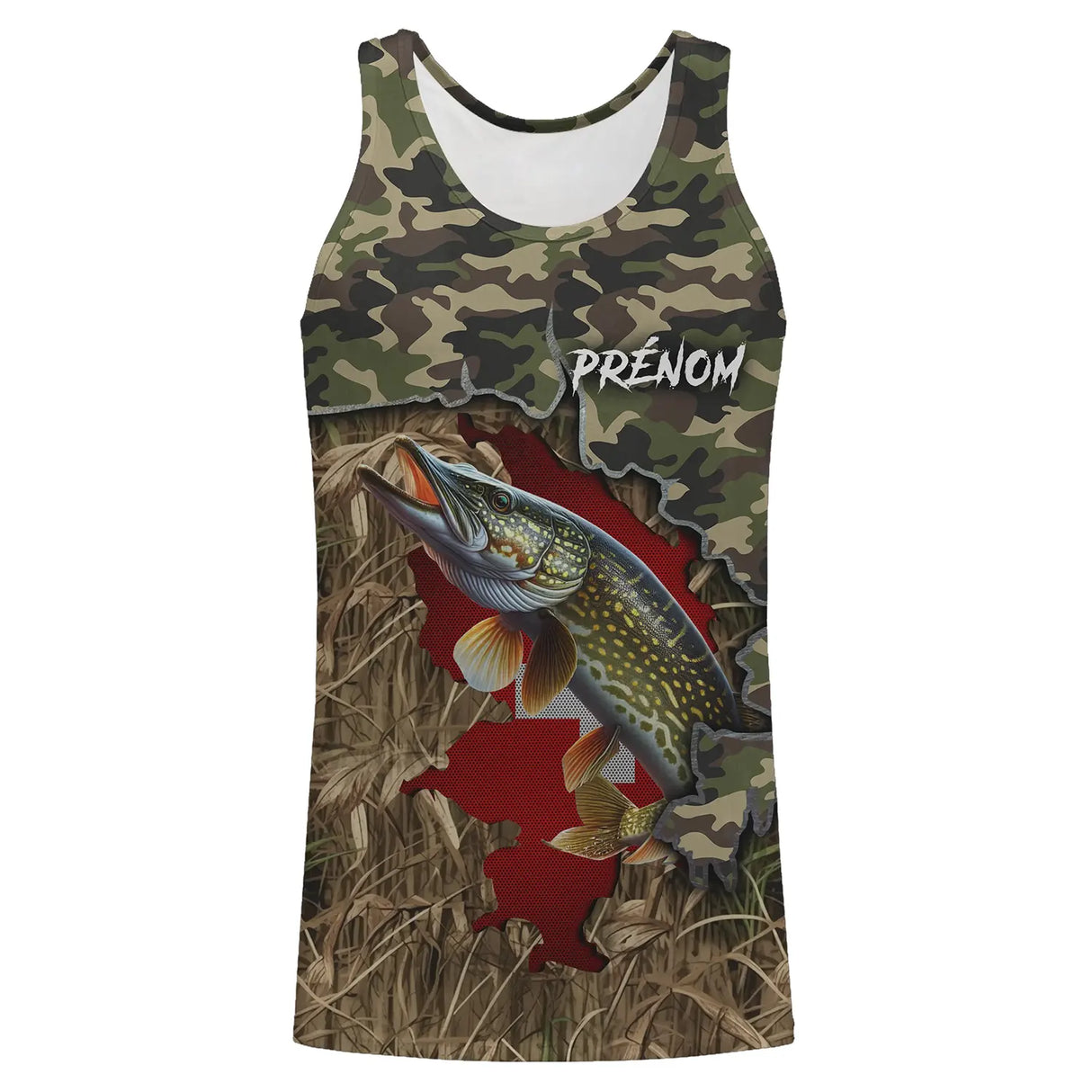 Sweat capuche all-over pêche brochet camouflage et drapeau suisse lettrage manches