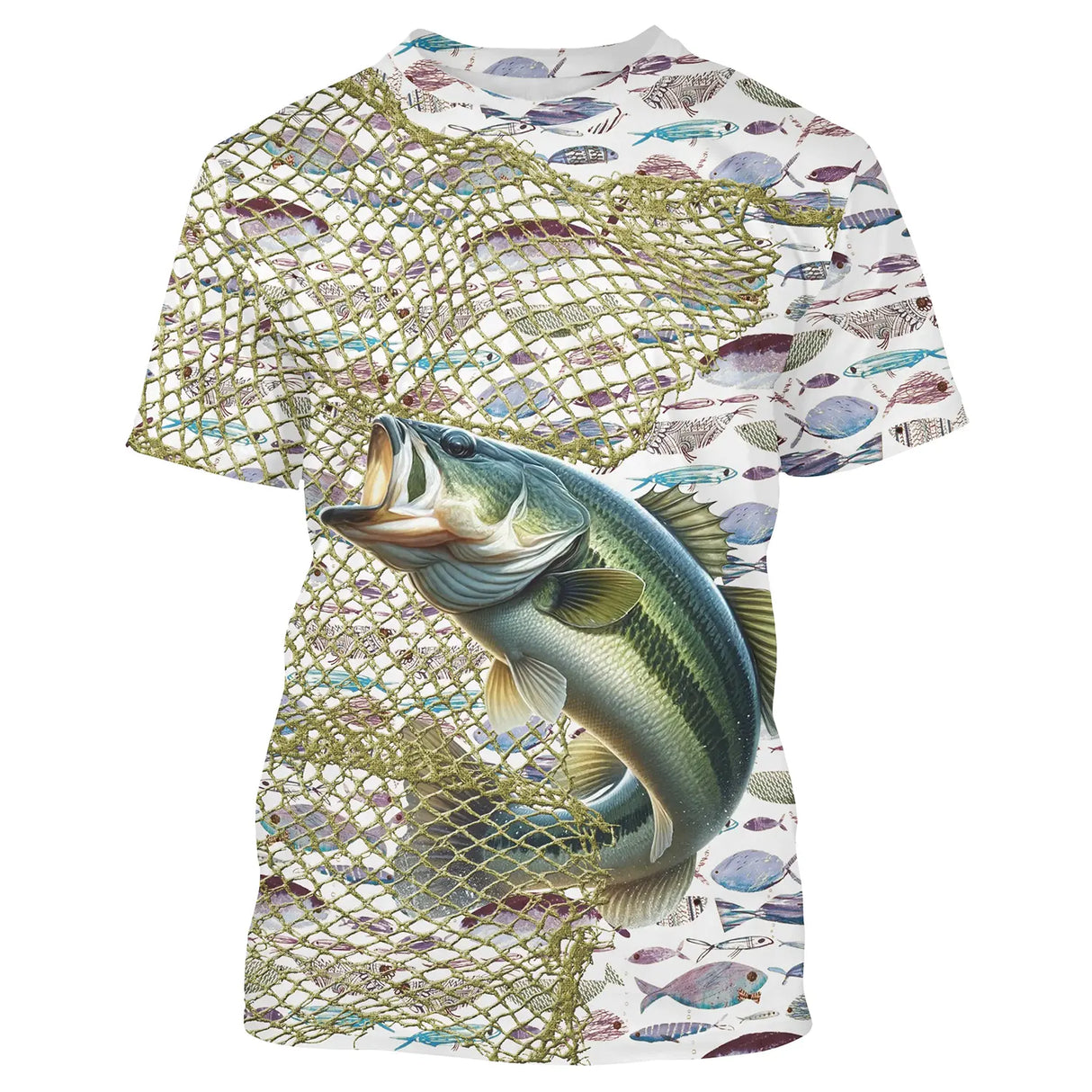 T-shirt all-over unisexe avec filet de pêche, poissons argentés et bar central pour pêcheur du bar
