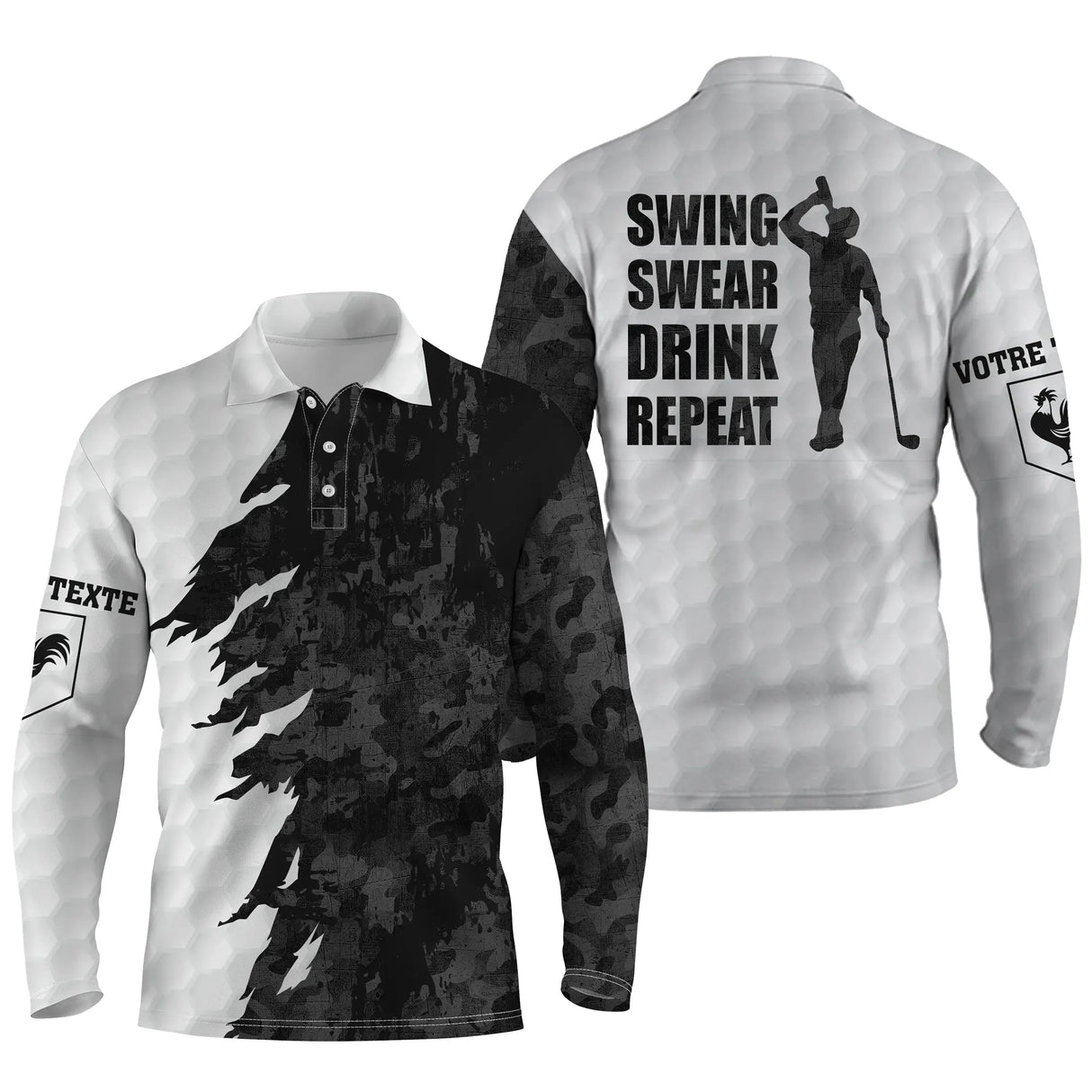 Polo manches longues golf unisexe blanc grunge noire slogan Swing Swear Drink Repeat tissu respirant