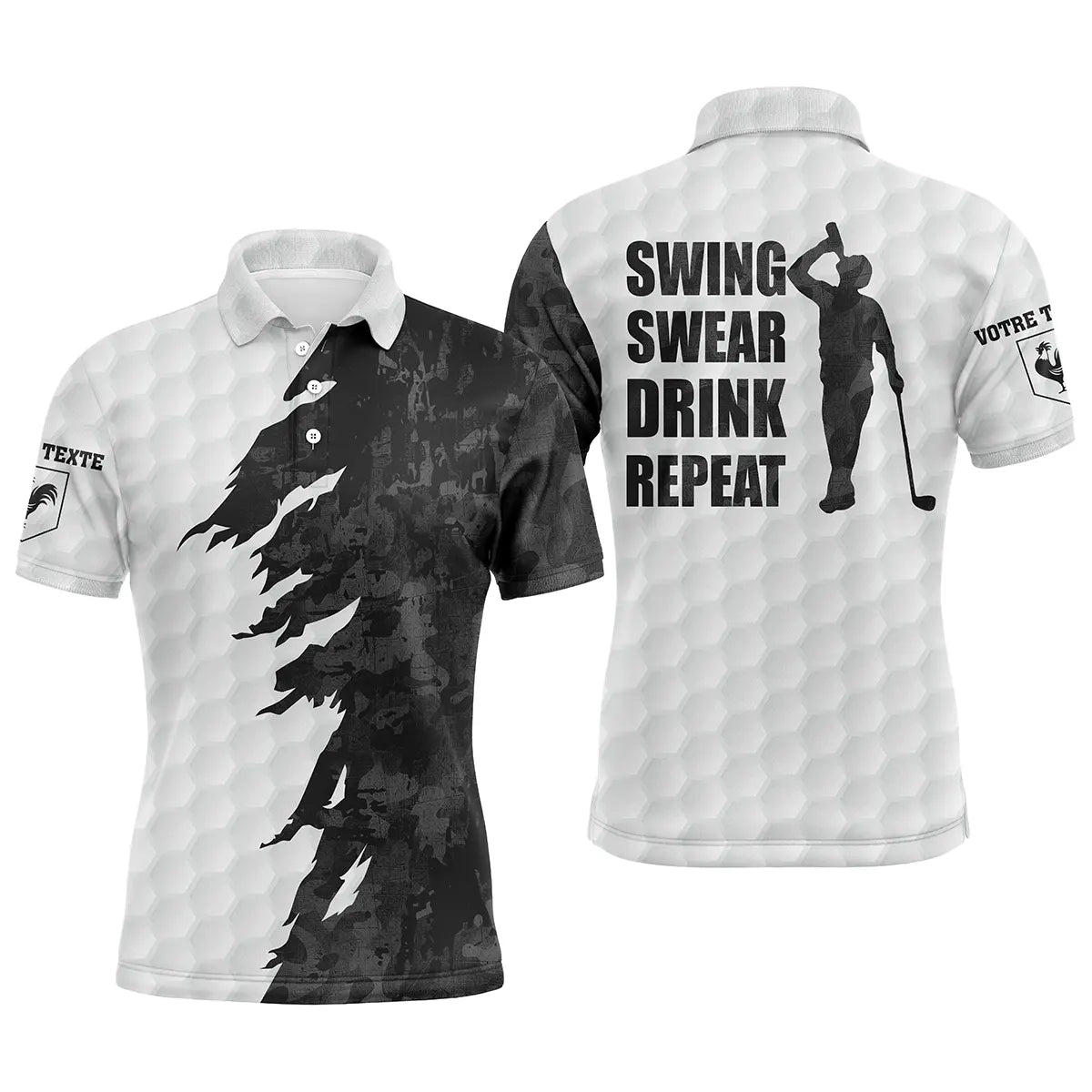 Polo golf homme blanc texture balle de golf explosion grunge noire slogan Swing Swear Drink Repeat silhouette golfeur