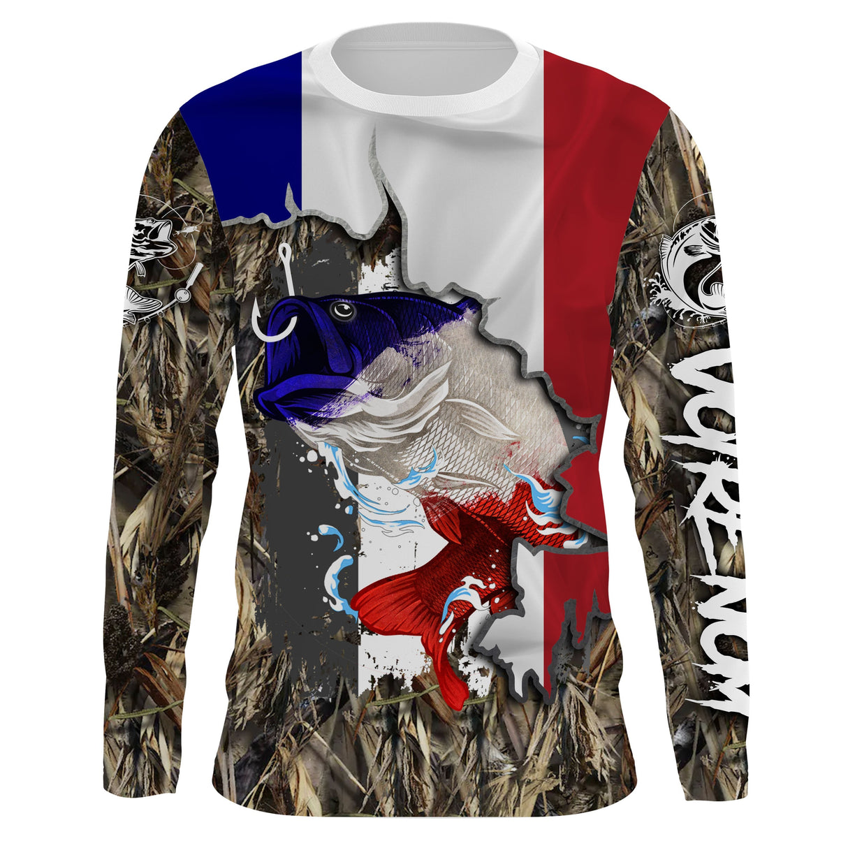 Maillot UV manches longues pêche bar à la croche drapeau France camouflage prénom personnalisé