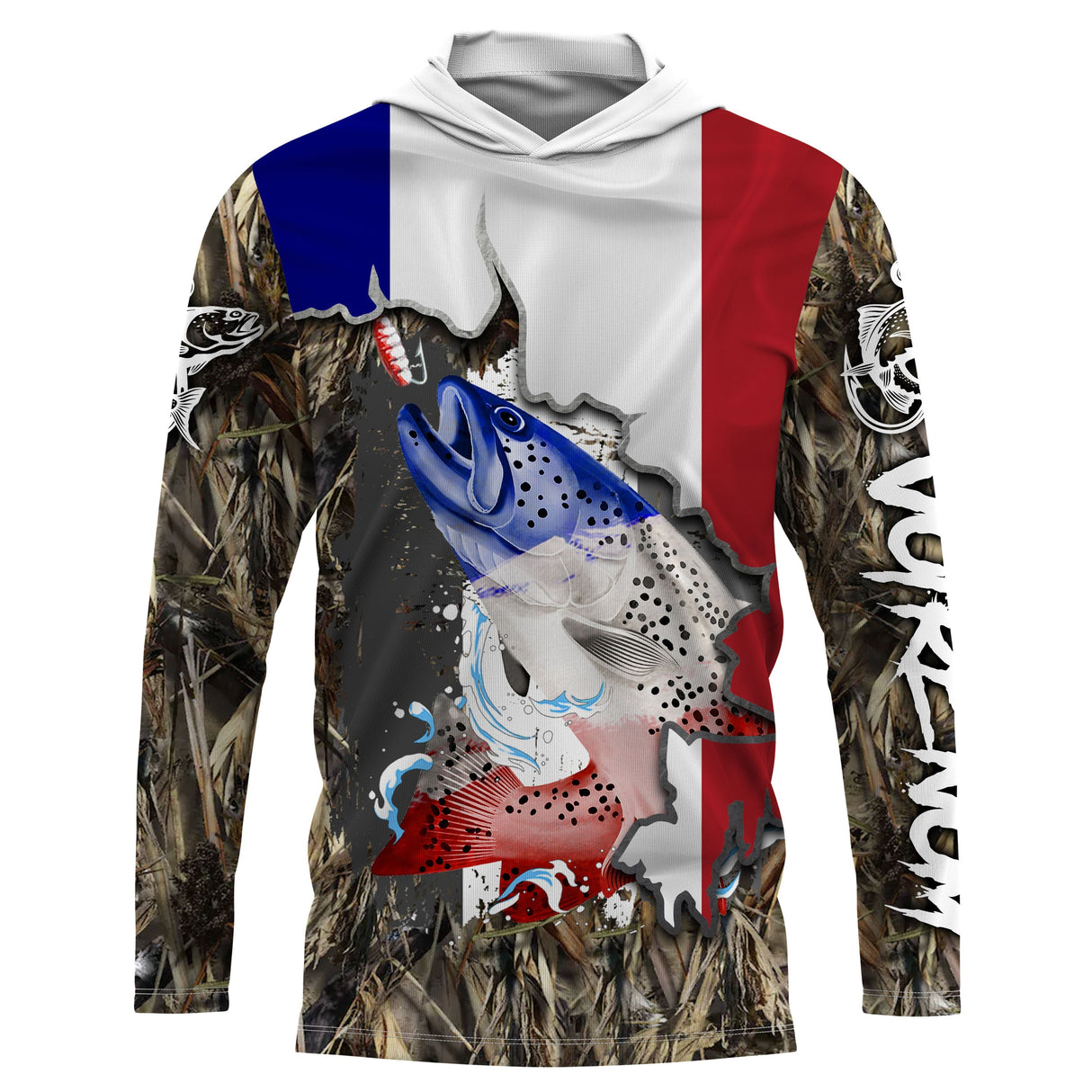 Sweat UV à capuche pêche truite patriote drapeau France bleu blanc rouge camouflage roseau prénom personnalisé, vue de face