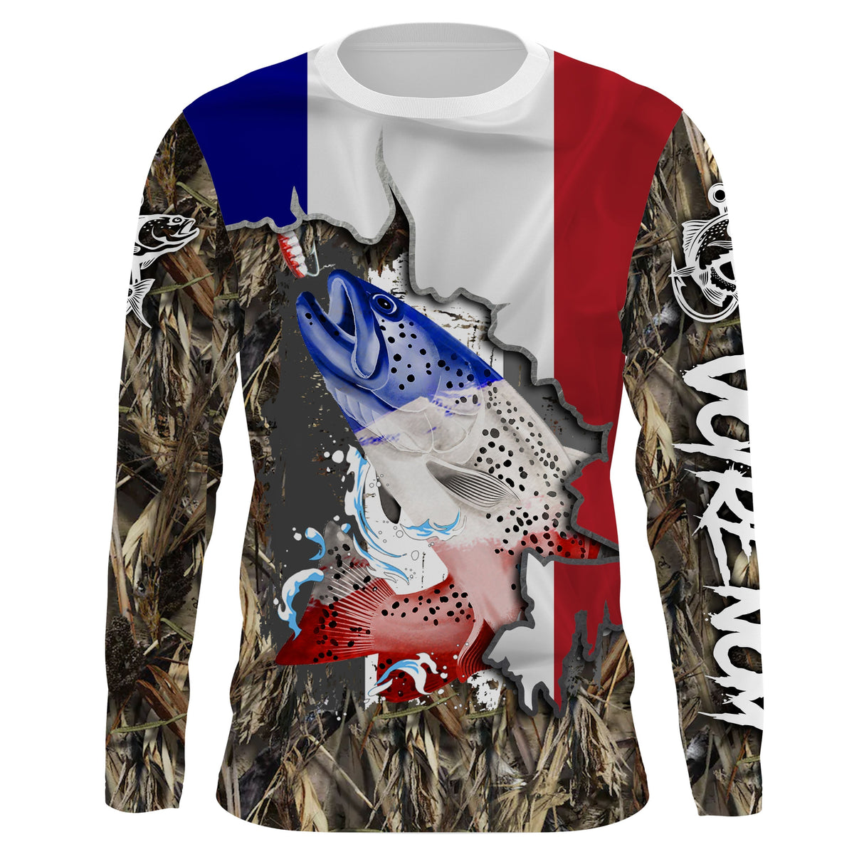 Maillot UV manches longues pêche truite patriote drapeau France camouflage prénom personnalisé