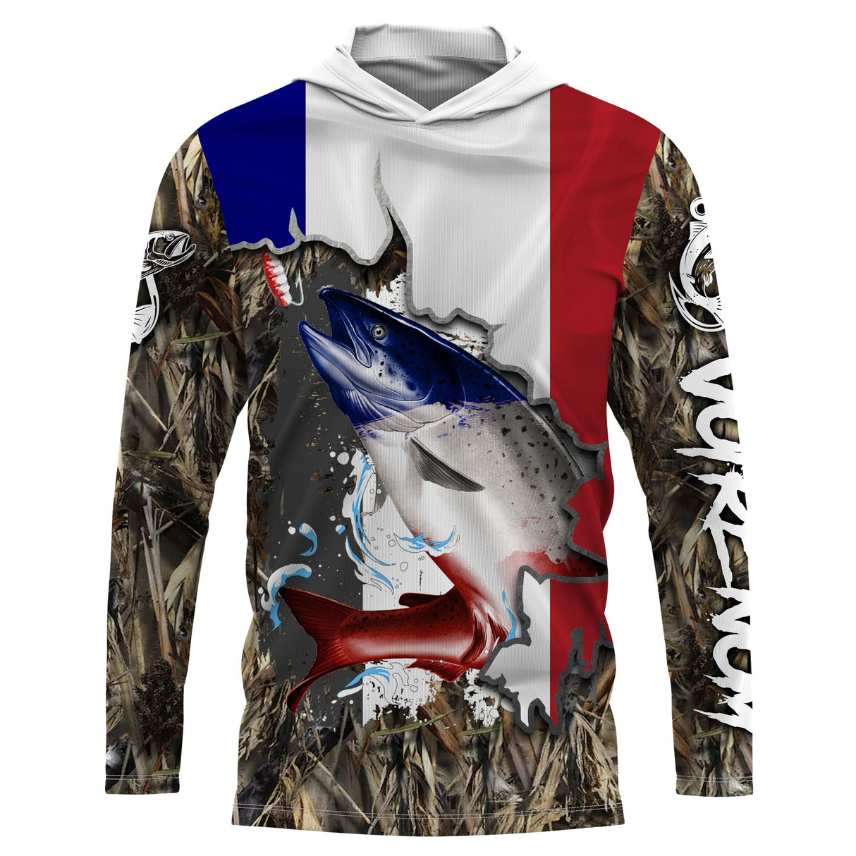 Sweat UV à capuche pêche saumon cuillère drapeau France camouflage roseau prénom personnalisé