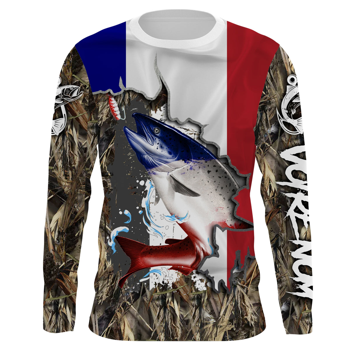 Maillot UV manches longues pêche saumon à la cuillère drapeau France camouflage prénom personnalisé