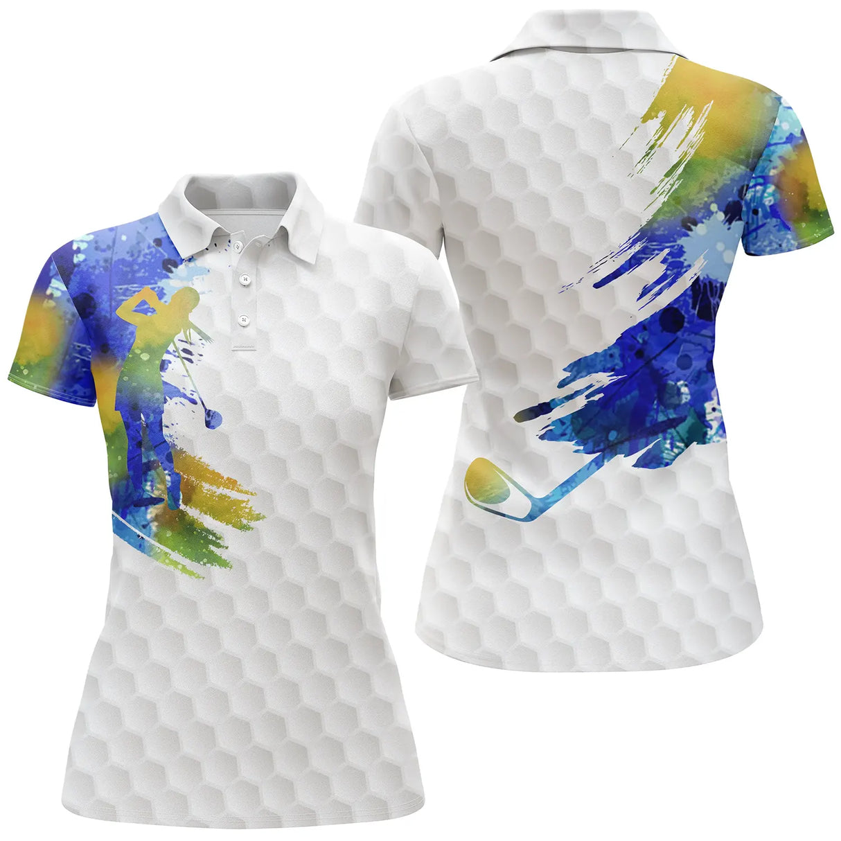 Polo golf blanc femme avec peinture aquarelle multicolore et figure de golfeuse en action