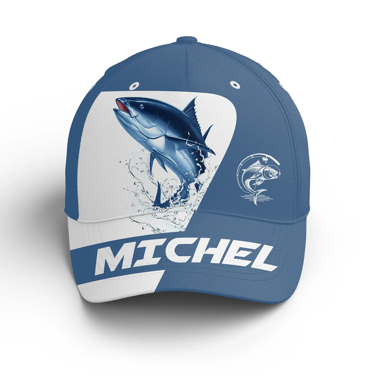 Casquette thon bleu marine blanc dynamique pêcheur haute mer prénom broderie unisexe personnalisée