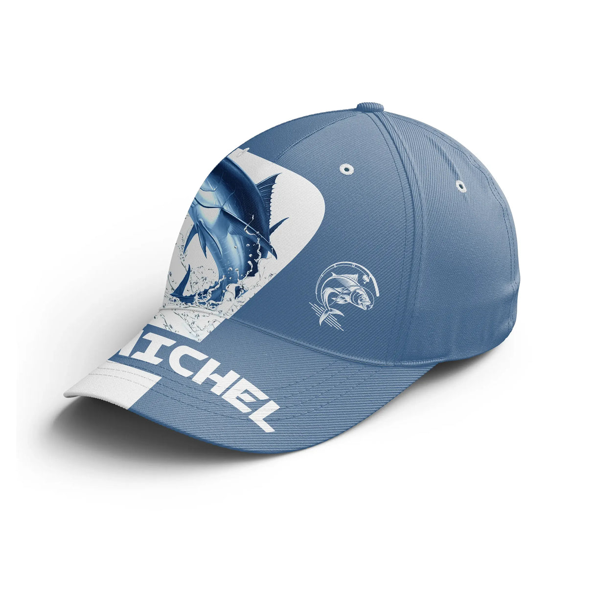Casquette pêche thon bleu marine thon stylisé bond mer Michel prénom broderie pêcheur unisexe personnalisée