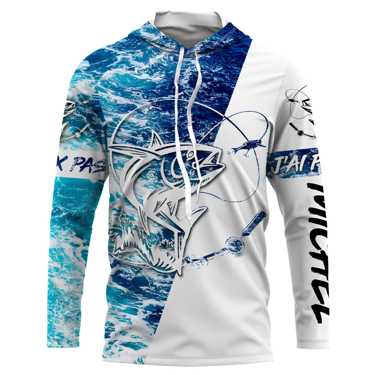 T-shirt anti UV à capuche pêche thon humour Tahiti avec slogan J peux pas j ai pêche, fond bleu marine motif vagues, prénom