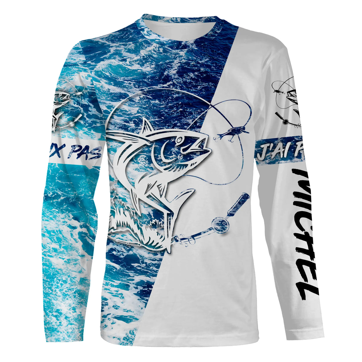 T-shirt manches longues pêche thon humour Tahiti, prénom brodé manche, vêtement halieutique unisexe