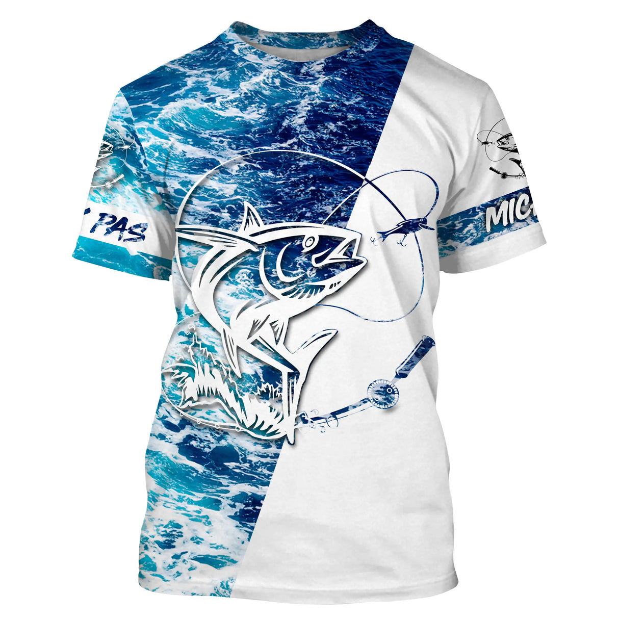T-shirt manches courtes pêche thon humour, motif vagues bleu marine et slogan, accessoire personnalisable pêcheur