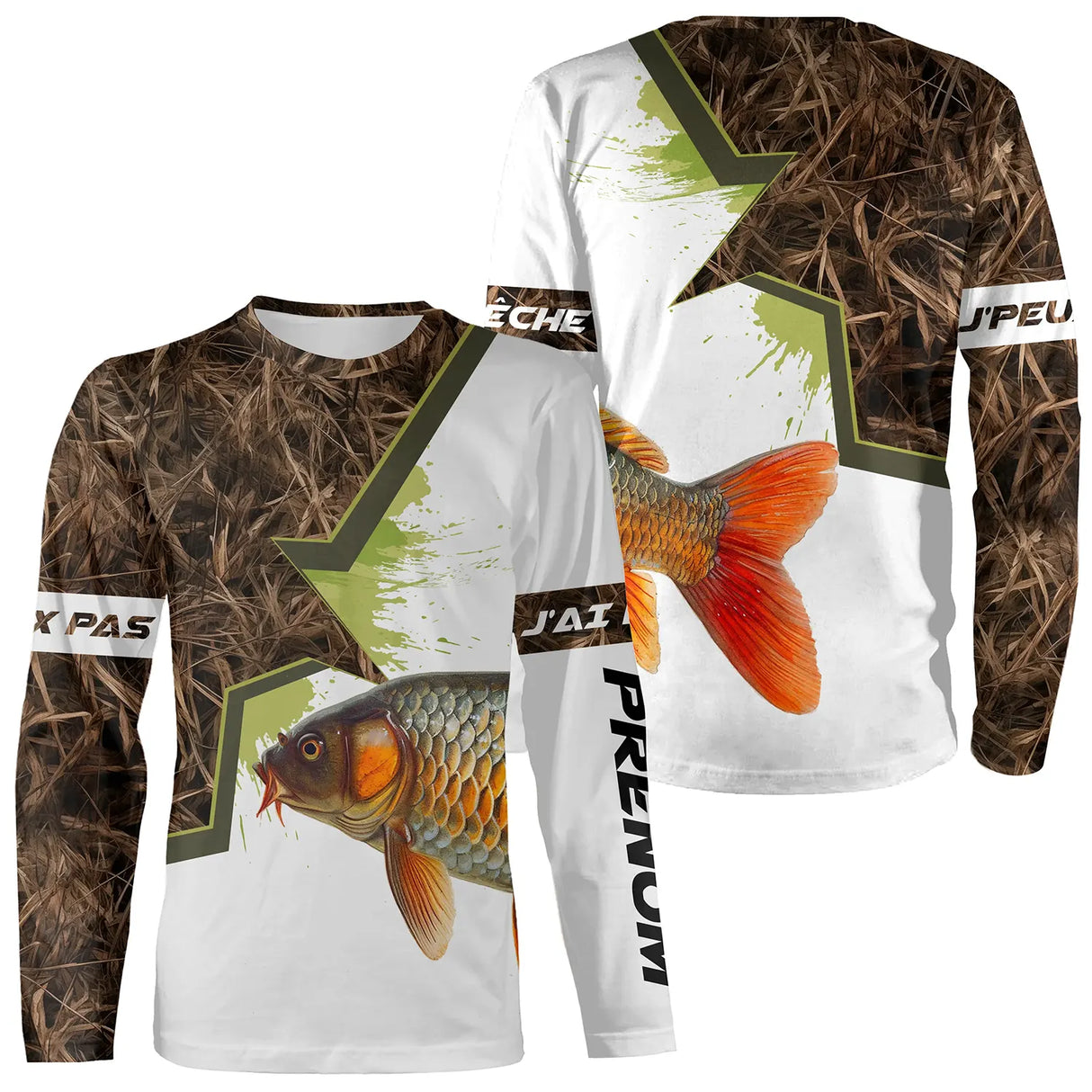 T-shirt manches longues pêche carpe all-over camouflage roseaux motif carpe miroir prénom personnalisé carpiste
