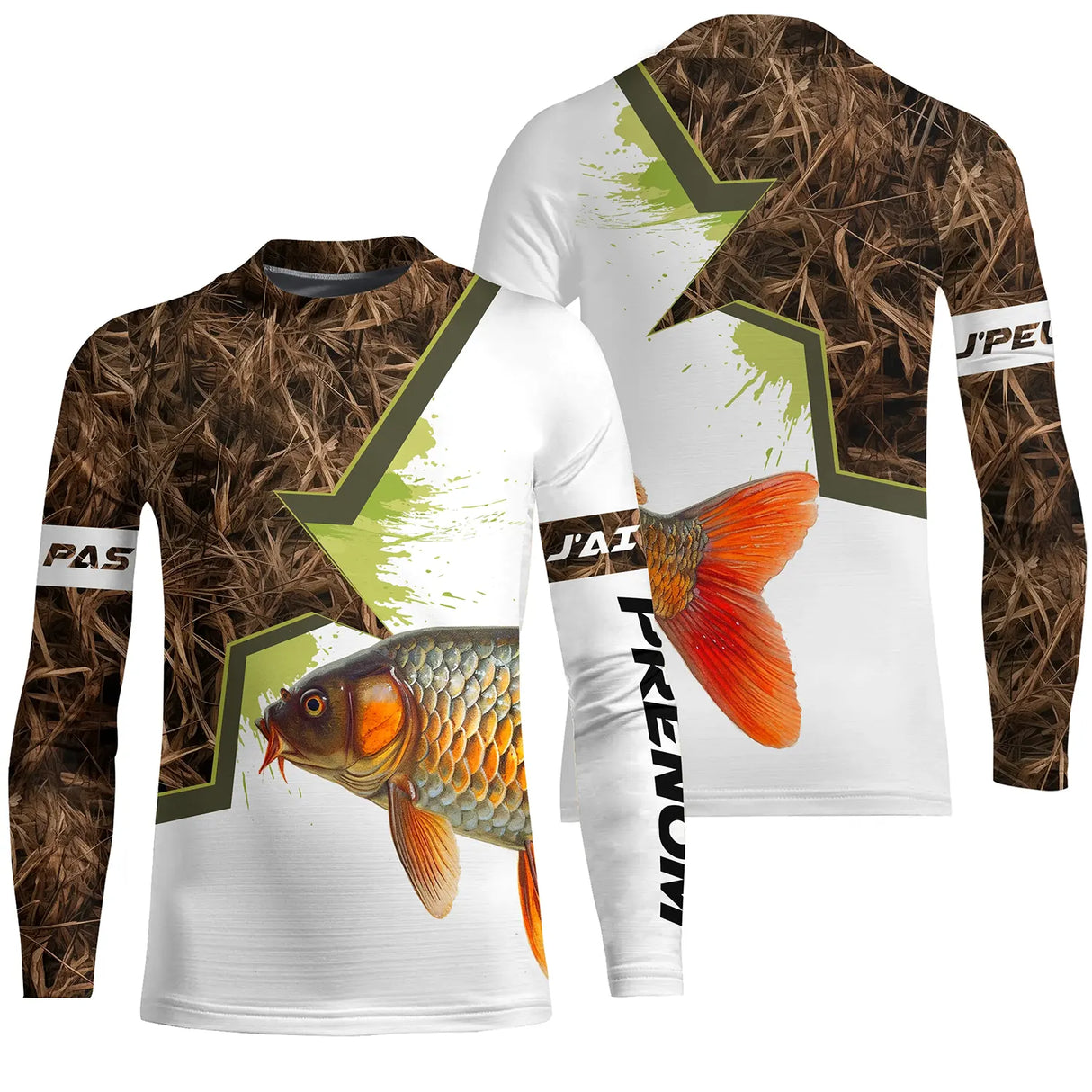 Sweat zippé pêche carpe camouflage marais motif carpe bondissante all-over prénom personnalisé carpiste bivouac