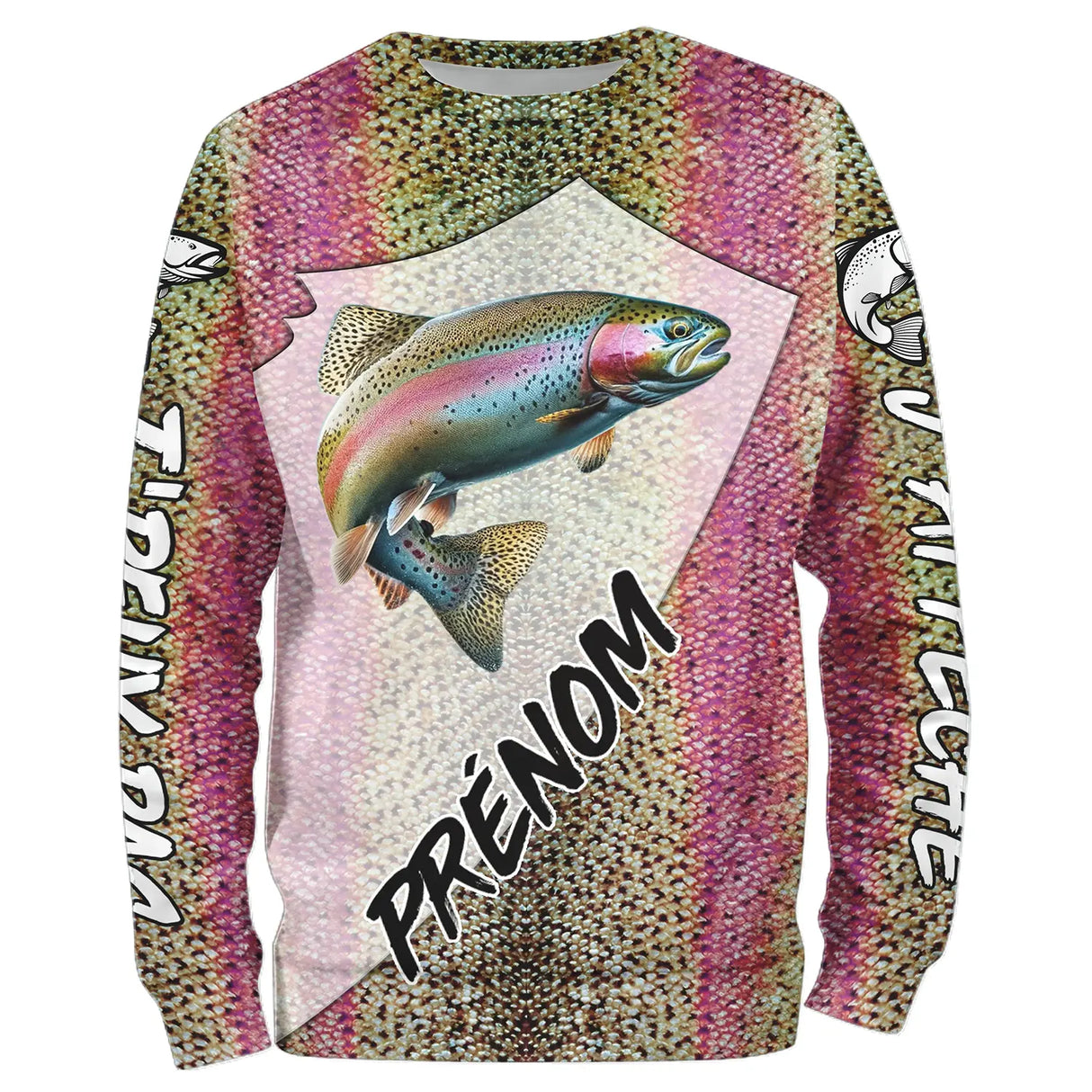Sweater all-over peau truite iridescente rose vert prénom personnalisé