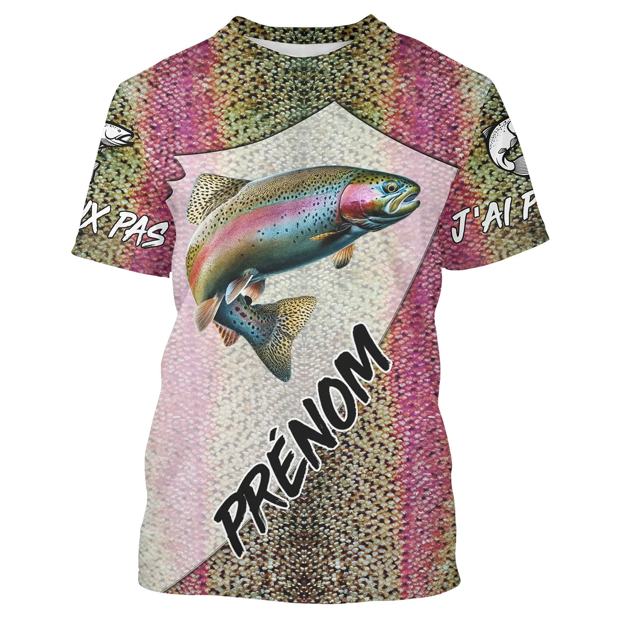 T-shirt all-over peau truite iridescente rose vert prénom personnalisé J'AI PAS J'AI PÊCHE, vue de face