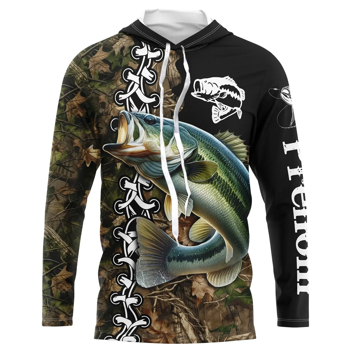 Sweat UV à capuche pêche bar noir camouflage écailles tatouage encré prénom personnalisé, vue de face