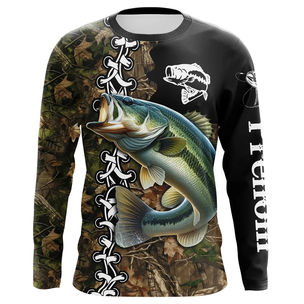 Maillot UV manches longues pêche bar noir camouflage écailles tatouage prénom personnalisé