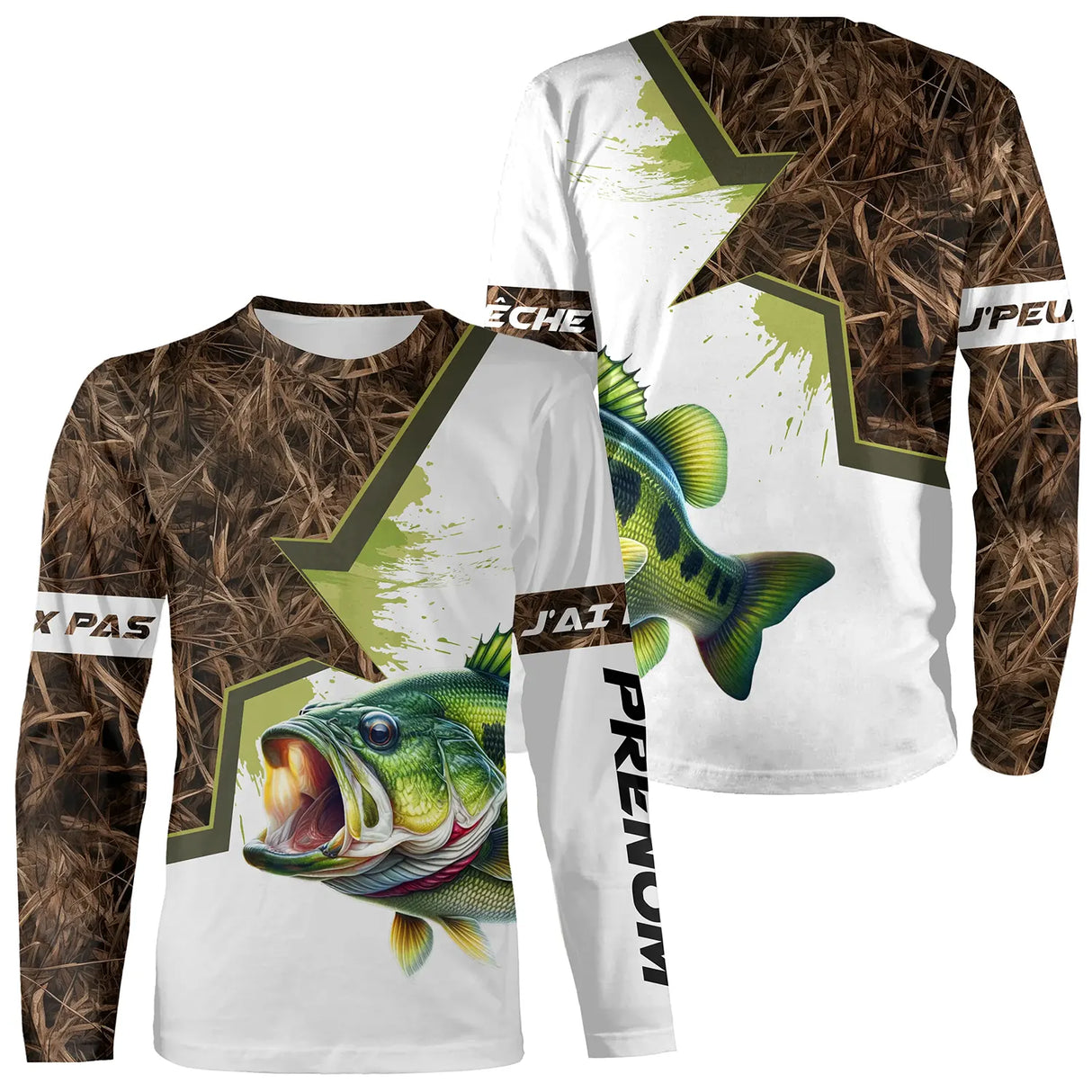 T-shirt manches longues pêche bar all-over camouflage roseaux motif loup de mer prénom personnalisé surfcaster