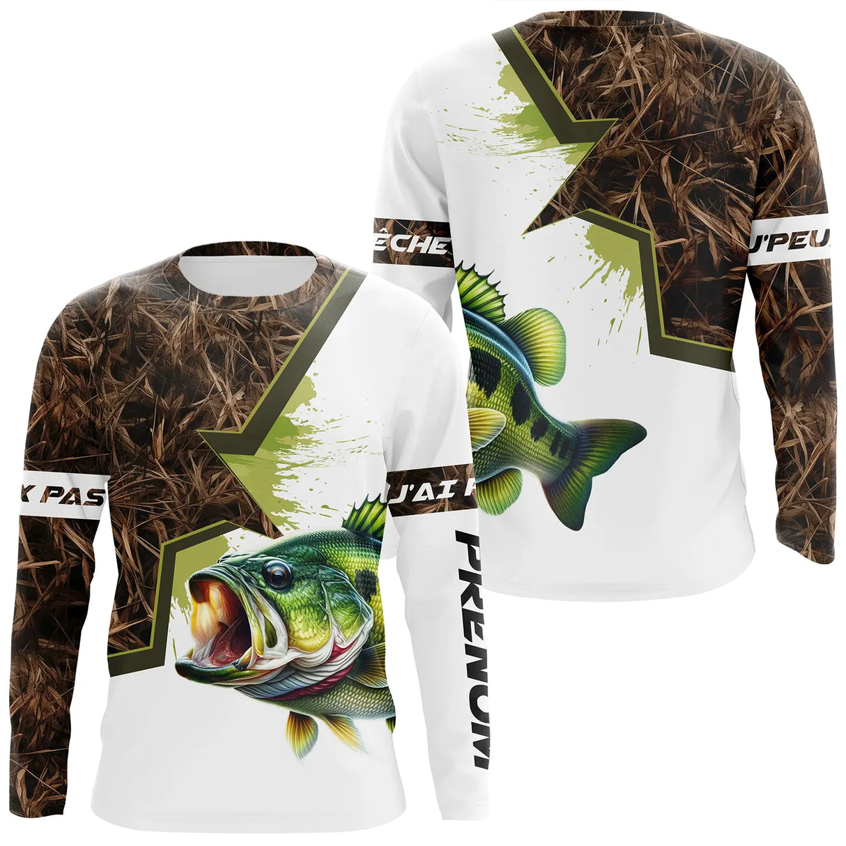 Sweat zippé pêche bar camouflage marais motif bar bondissant all-over prénom personnalisé pêcheur surfcasting