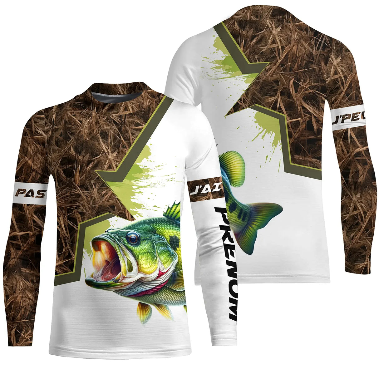 T-shirt pêche bar camouflage roseaux motif loup de mer all-over prénom personnalisé pêcheur côtier estuaire