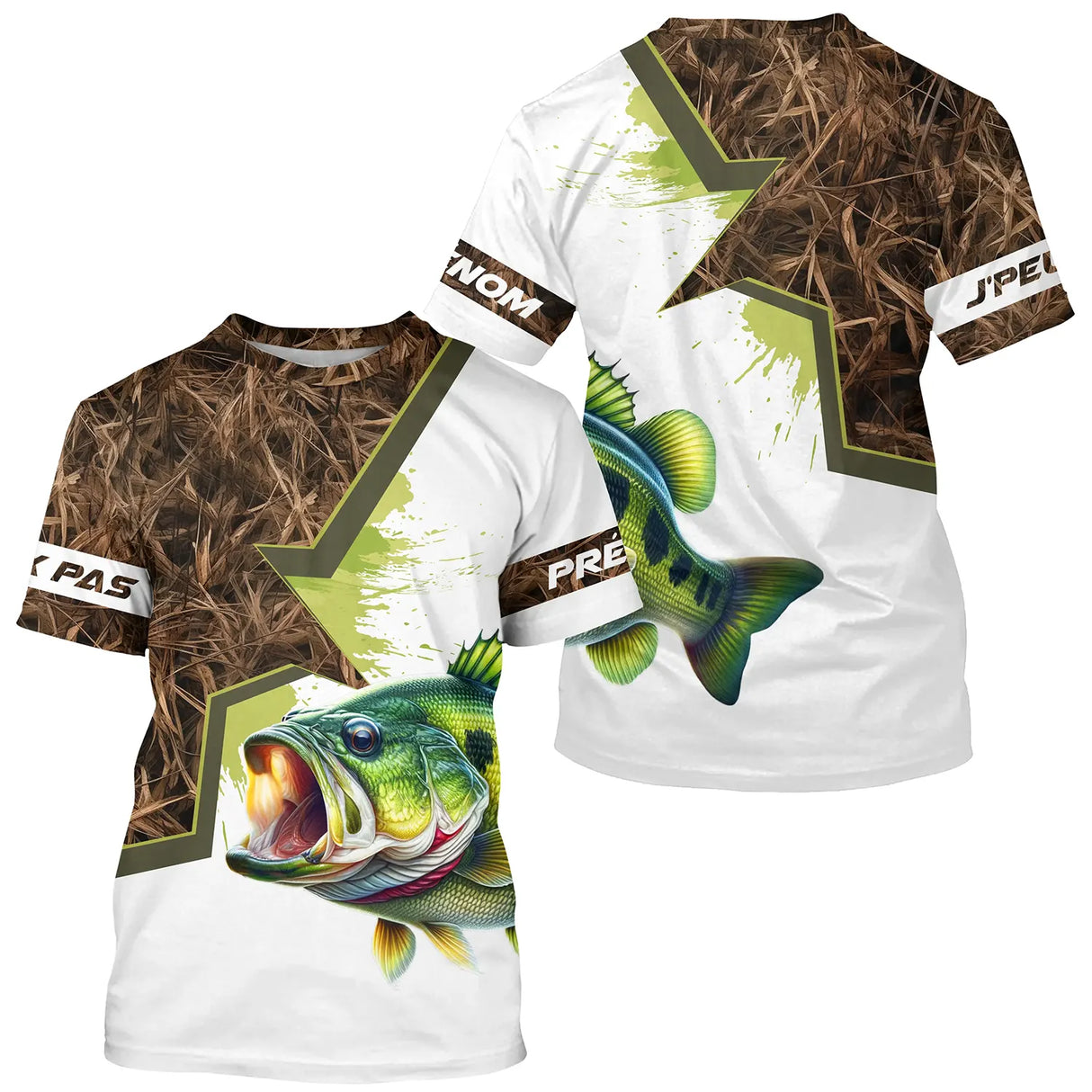 T-shirt all-over pêche bar camouflage marais vert et brun motif bar argenté bondissant personnalisé prénom pêcheur