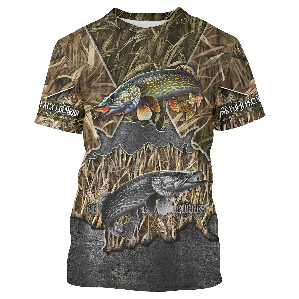 T-shirt pêche all-over camouflage unisexe avec brochets en herbe et slogan Né Pour Pêcher Aux Leurres