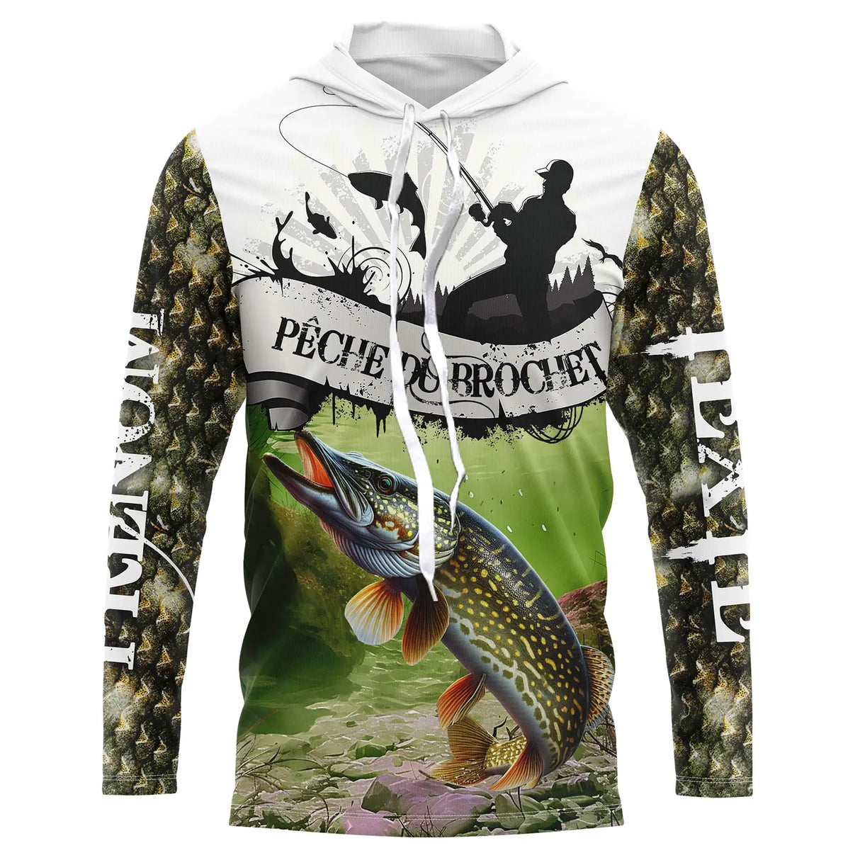 Sweat UV à capuche pêche brochet ver de terre team camouflage écailles vert prénom texte personnalisés, vue de face