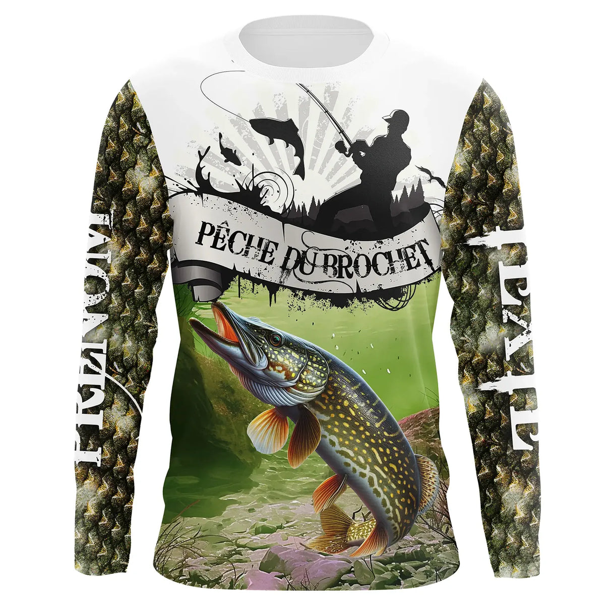 Maillot UV manches longues pêche brochet ver team camouflage écailles prénom texte personnalisés