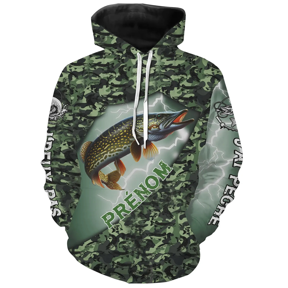 Sweat à capuche all-over brochet humour camouflage prénom personnalisé J'peux pas