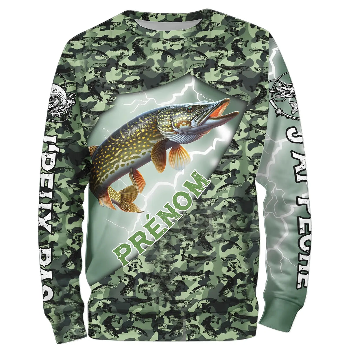 Sweater all-over brochet humour camouflage prénom personnalisé J'peux pas j'ai pêche